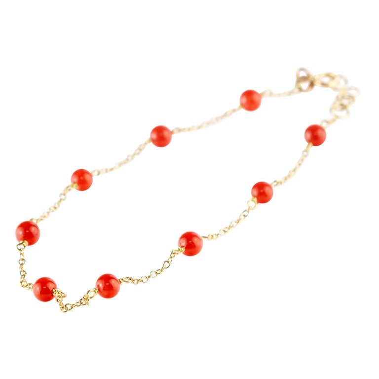 4mm Simulated Red Coral Bead and .10 ct. t.w. CZ Evil Eye Stretch Bracelet  with Enamel in 18kt Gold Over Sterling | Ross-Simons