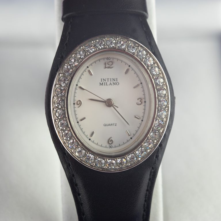 Oval Black Leather Cubic Zirconia Wrist Watch - Intini Jewels